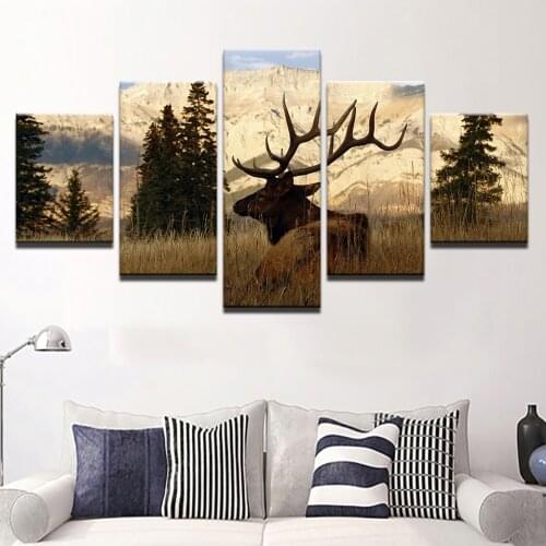 Canvas HD Prints Paintings Wall Art Framework For Living Room Home Decor 5 Pieces Mountain Bull Elk Pictures Animal Deer Posters