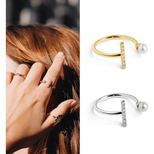 ELESHE 925 Sterling Silver Adjustable Rings for Women Open Pearl Ring with Zircon Female 18K Gold Plated Fine Jewelry Wholesale