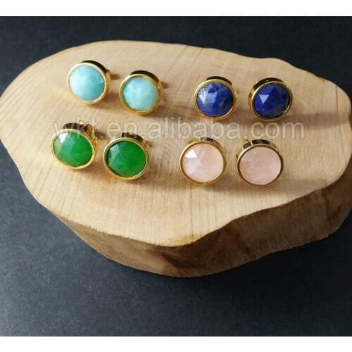 WT-E246 Wholesale 5pcs Round Stone Earring natural stone crystal earrings with 24k gold electroplated 10mm charm round earrings