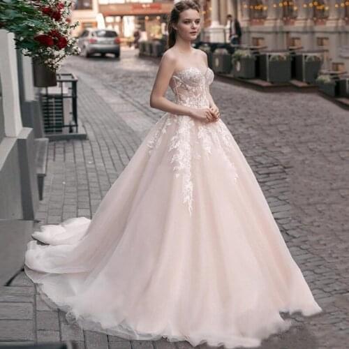 Eightree Blush Lace Wedding Dresses Sexy Sweetheart A Line Soft Tulle Bridal Gowns Chic Appliques Bride Dress Off the Shoulder