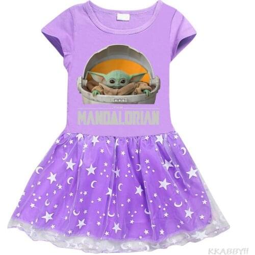 Disney Baby Yoda The Mandalorian Summer Cartoon T shirt Dress Stars Girl Costume Casual Girl Dresses Birthday Clothing