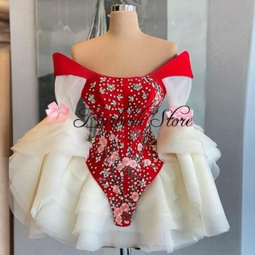 Cute Mix Color Ruffles Tulle Short Princess Dresses Luxury Beaded Crystals Mini Prom Gowns With Flare Sleeves Bow Flower Dress