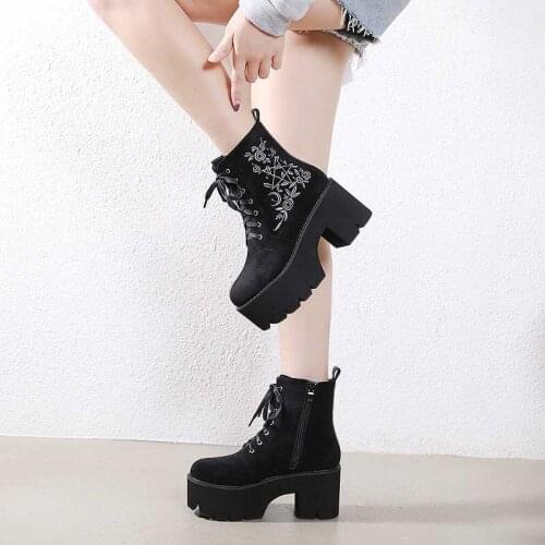 Fashion Flower Platform Boots Chunky Punk Suede Leather Womens Gothic Shoes Nightclub Lace Up Back Zipper High Quality