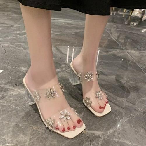 Sexy High Heels Woman Slippers Fashion Transparent Pvc Shoes Flower Decoration Party Ladies Sandals Women Shoes