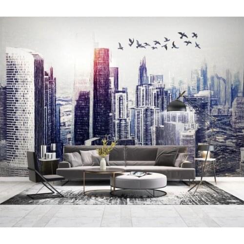 Custom photo 3d wallpaper Modern hand drawn city buildings sunrise flying bird home decor 3d wall murals wallpaper for walls 3 d