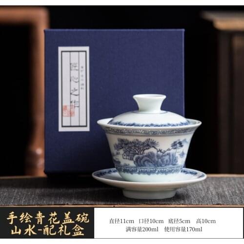 Hand Painted Blue and White Cover Teacup Single Three-Piece Tea Bowl Landscape Charm of Lotus Kung Fu Tea Brewing Ceramic Gift