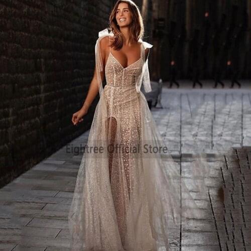 Eightree Champagne Sexy Wedding Dresses 2021 Glitter Sparky Wedding Gowns A Line Beach Bride Dress Floor Length