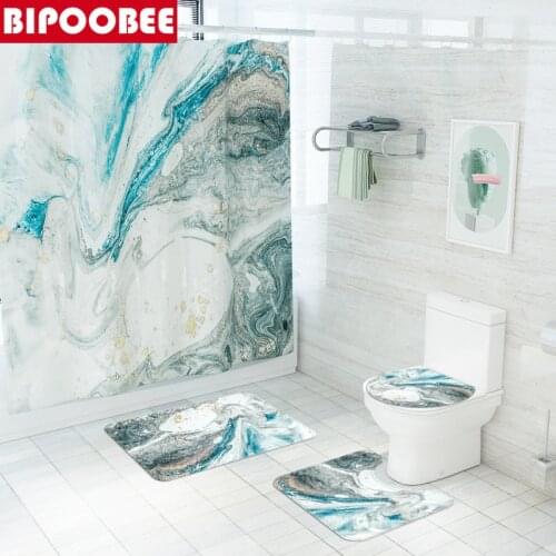 Blue Grey Marble Bath Mat Carpet and Fabric Shower Curtain for Bathroom Decor Mildew Proof Bathtub Curtains Toilet Cover Lid