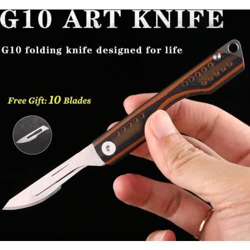 G10 Mini Folding knife EDC High Hardness Carving Tool Outdoor Survival Self-help Folding Knives Non-slip Handle Bue Orange