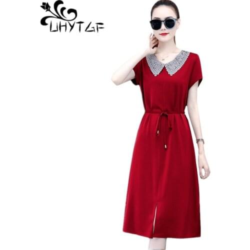 UHYTGF Woman dress 2020 fashion lapel pullover chiffon summer dresses for women Korean short sleeve bandage plus size dress 1182
