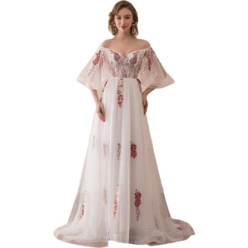 In Stock Sweetheart Half Sleeve Off The Shoulder Backless Long Evening Dresses Embroidery Vestido de noche robe de soiree 24606