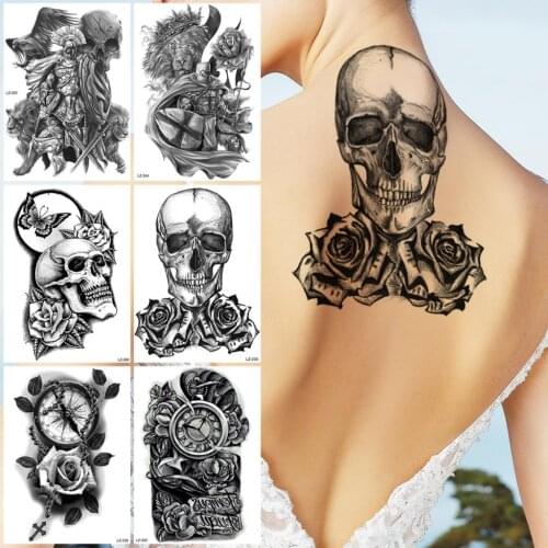 Skull Rose Skeleton Flower Temporary Tattoos For Women Men Realistic Lion Compass Knight Fake Tattoo Sticker Back Tatoos Scary