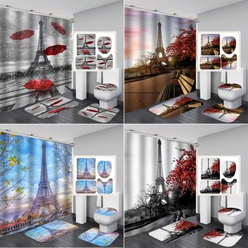 High Quality Paris Tower Print Fabric Shower Curtain Bathroom Curtains Set Carpet Toilet Cover Bath Mat Pad for Home Decor