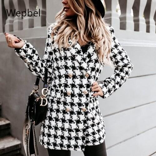 Wepbel Fashion Woolen Printing Coats Outwear Houndstooth Women Jackets Long Sleeve Slim Fits Lapel Mid-Length Coat Jackets