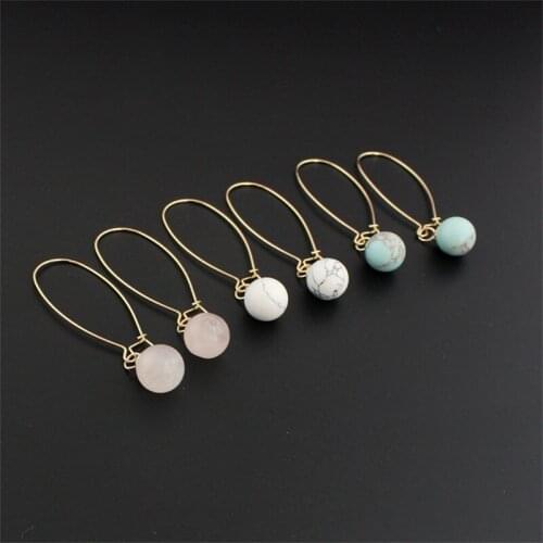 Wholesale White Green Natural Stone Ball Earrings Round Pink Quartz Gold Color Brincos Pendientes Jewelry for Women