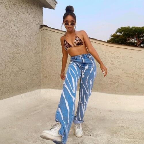 Harajuku Printed Jeans Women Split Y2K Jeans Vintage Loose Baggy Jeans High Waist Denim Trousers Streetwear Wide Leg Pants