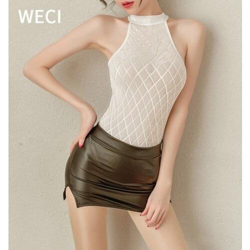 WECI Womens Erotic Overalls Sexy Open Crotch Bodysuit And Tight Leather Skirt Cosplay Sex Costume Secretary Outfit Teacher Suit