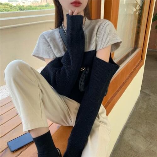 Design Sense Splicing Short Slim Sweater Womens Autumn And Winter New Knitted Top