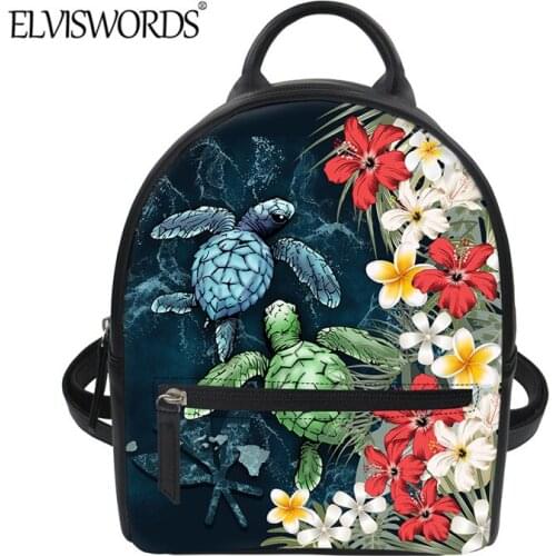 ELVISWORDS Women Fashion 3D Hawaii Turtle Print Mini PU Backpack Hawaii Polynesian Honu Art Design Female Casual Shoulder Bag