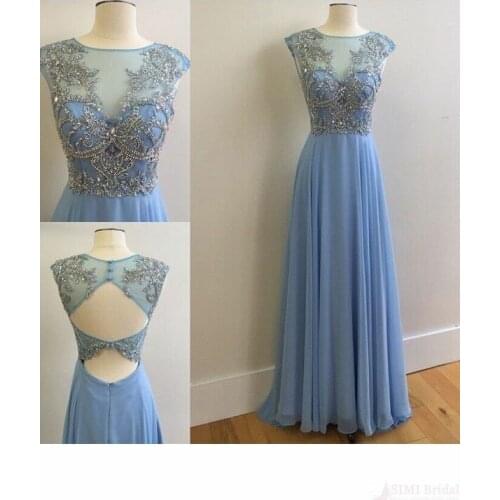 A-Line Long Dusty Blue Beaded Prom Dresses with Pockets Floor Length Chiffon O-Neck Pleated Abendkleid Robes de Soirée for Women