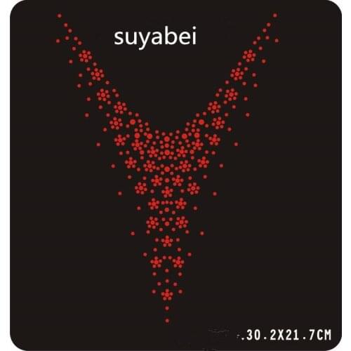 2pc/lot Flower neckline strass appliques design stone hot fix rhinestone motif iron on crystal transfer patches for shirt
