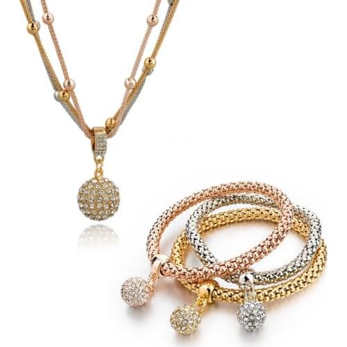 Szelam 3pcs Gold Rose Silver Mix Color Crystal Charm Bracelets Vintage Ball Pendant Necklace Jewelry Set For Women SNE140451