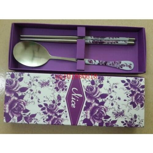 300pcs/lot Free shipping China Style Purple Pink Color Stainless-Steel Spoon and Chopsticks For Party Wedding Gifts Favors
