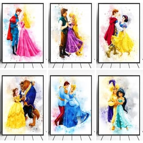 Watercolor Disney Couples Art Disney Princess and Their Husband Canvas Painting Poster and Prints Nursery Wall Art for Kids Room