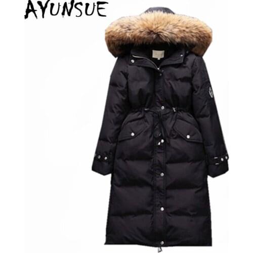 AYUNSUE Warm White Duck Down Jacket Real Raccoon Fur Collar Winter Coat Female Hooded Parka Padded Jackets Abrigo Mujer WXF392