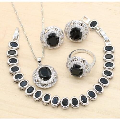 Dubai Geometry Silver Color Wedding Jewelry Sets For Women Black Cubic Zircon Earrings Pendant Necklace Bracelet Ring 4PCS