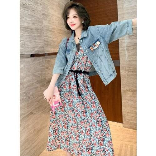 Top Quality Beaded Lapel denim jacket+Two piece Floral Dress
