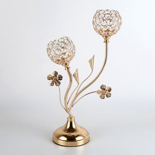 2-Arms Crystal Candle Holders Metal Candelabras Delicate Gold Candlesticks Wedding Flower Patter Home Hotel Decor