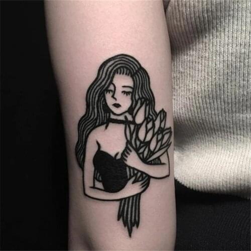 1pc Bueatiful Girl Fake Tattoo for Men Women Arm Body Art Water Transfer Temporary Tatto Stickers Black Lady with Flower Tatoos