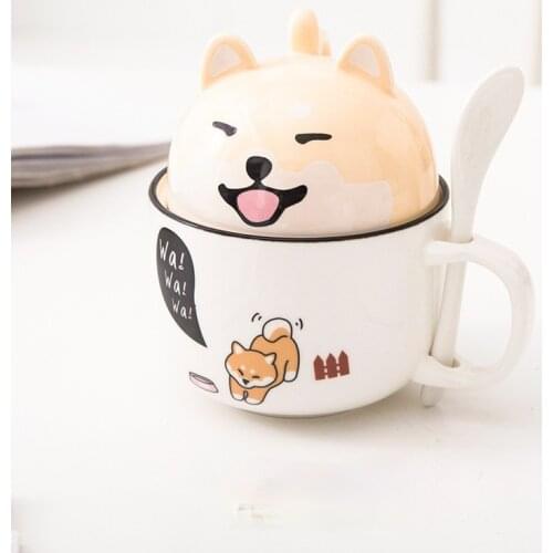 Ceramic Cup with Lid Spoon Shiba Inu Cute Coffee Mug Dog Cat Pig Personality Creative Trend Couple Cup Student Gift Cup