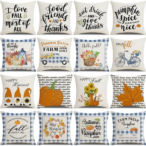 Cushion Cover for Thanksgiving Decor Blue Buffalo Lattice Letters Printed Throw Pillowcase Farmhouse Decorative Pillow Cover