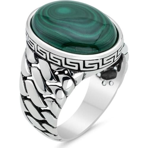 New Authentic Sterling Silver Antique Turkish Malachite Green Stone Oval Master Hand Ring Mens Rustic Hallmarked Male Jewelry