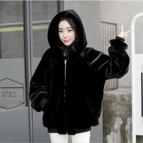 2020 New Winter Women Fashion Faux Mink Coats,Leisure Hooded Zipper Black Leather Jackets Girls Thick Warm Overcoats Plus Size