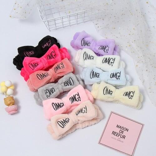 New Embroidery OMG Letter Pink Soft Coral Fleece Bow Headbands For Women Wash Face Elastic Head Bands Bathroom Hair Accessories