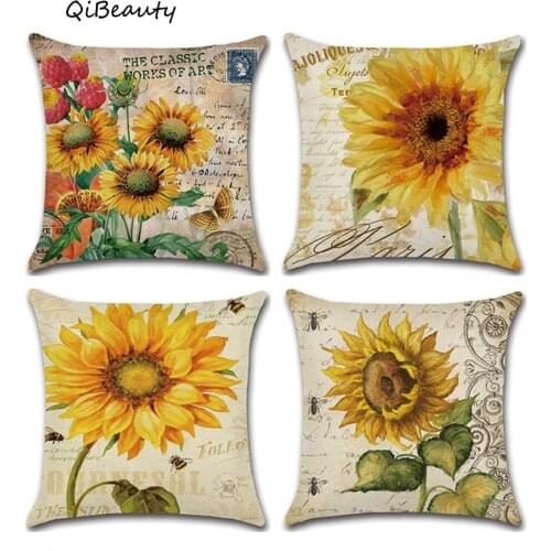 QiBeauty Sunflower autumn harvest Thanksgiving hand drawn pillow cover cushion cover home Decorative Beige Linen Pillow Case