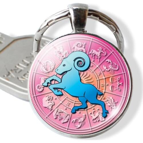 Clearance Deals!!Single Face Round Glass 12 Constellation Zodiac Sign Pendant Key Ring Keychain Taurus
