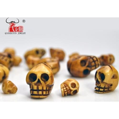 Handmade Carved Yak Bone Beads, Skull Antique Beads for Halloween Jewelry Making, Brown, 20x21/15x16/12x13/9x10mm, Hole: 2mm