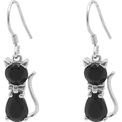 UFOORO Newest Black Cubic Zirconia Cute Cat Style Drop Design Stud Earrings Silver Color Fashion Womens Earring Custom Jewelry