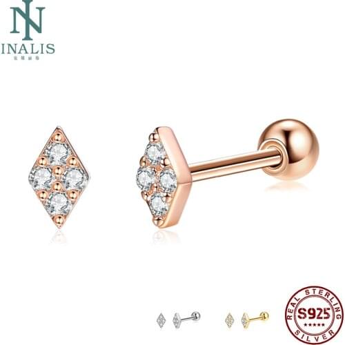INALIS Geometric Rhombus 925 Sterling Silver Stud Earrings For Women Full Clear Cubic Zirconia Small Earring Party Fine Jewelry