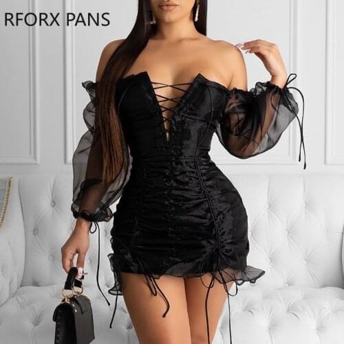 Mesh Lace-Up Drawstring Design Ruched Dress