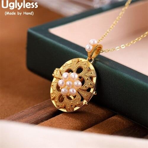 Uglyless Photo Folder Opening Box Creative Pendants for Women Pearls Flower Necklaces NO Chains Hollow Gold 925 Silver Jewelry