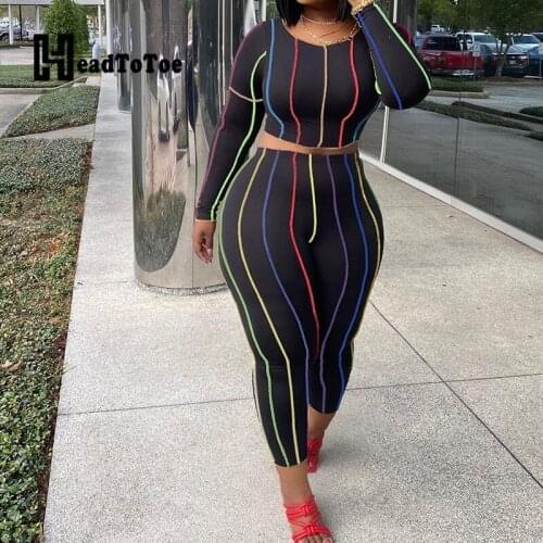 Line Print Casual Sporty Two Piece Outfits Woman Long Sleeve O Neck Skinny Slim Pencil 2 Piece Set Women