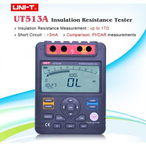 UNI-T UT513A Megohmmeter Insulation Resistance Tester Analog Bar Graph AC/DC DAR PI Tester Test voltage secondary display Megger