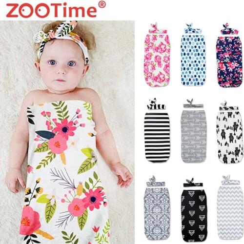 Spring New Newborn Soft Muslin Floral Baby Swaddle Nursery Sleeping Bag Blanket Headband