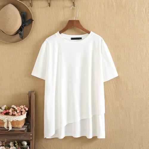 Plus Size Women T-Shirt Short Sleeves O-Neck Knitted Cotton Elastic Fabric Asymmetrical Hem Design Of Split Hem On Both Sides