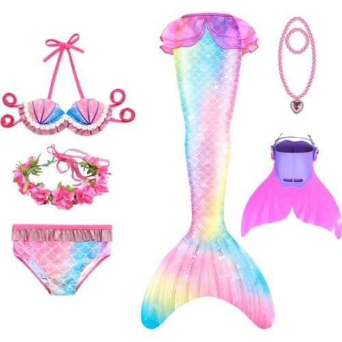 2021 Girls Swimmable Mermaid Tail Princess Dress with Monofin Kids Holiday Mermaid Costume Cosplay Swimsuit Birthday Bikini Set